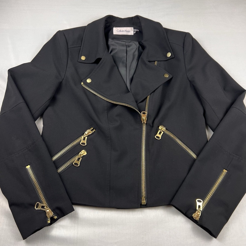 Calvin Klein Jacket Moto Biker Gold Sleeve Zippers Short Goth Black Women Sz 8 - Picture 1 of 9